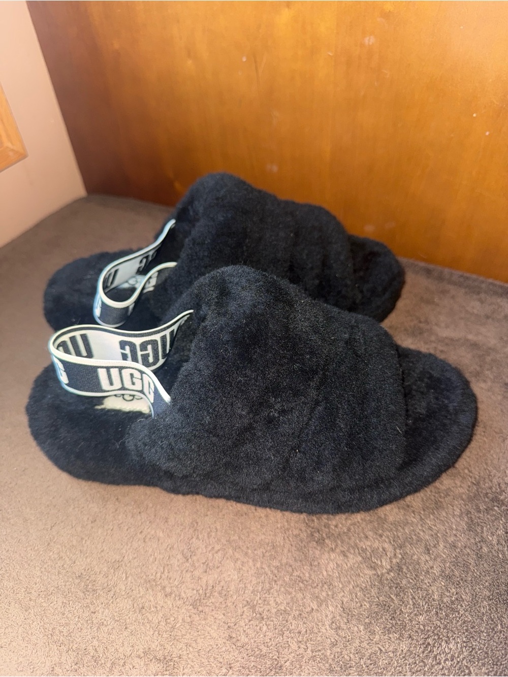 UGG Black Fluff Slide Slippers with Branded Strap